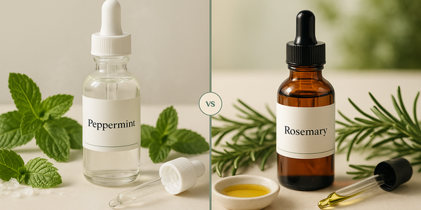 A Keyoma comparison of peppermint oil and rosemary oil bottles placed side by side with fresh herbs, illustrating their different uses for scalp care.