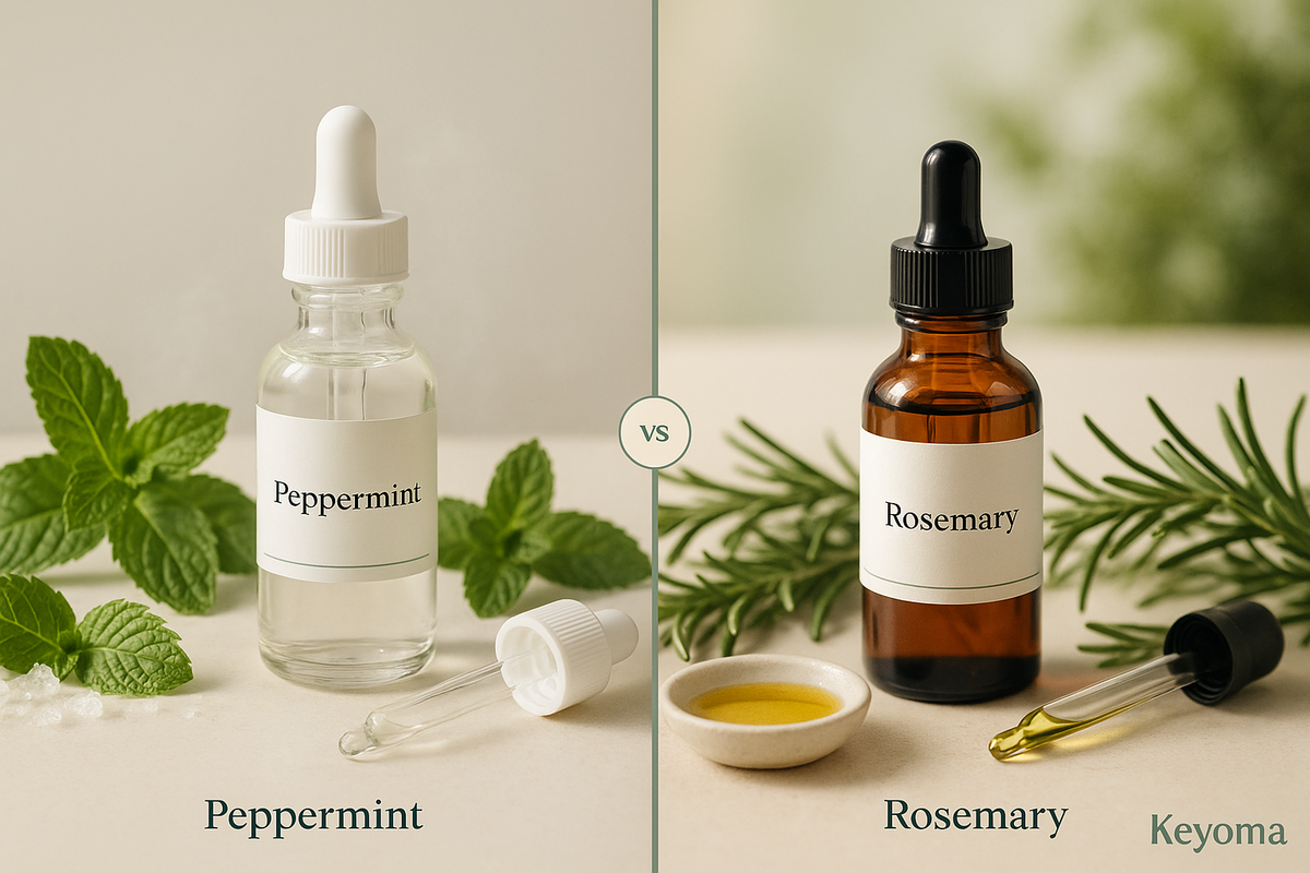 A Keyoma comparison of peppermint oil and rosemary oil bottles placed side by side with fresh herbs, illustrating their different uses for scalp care.