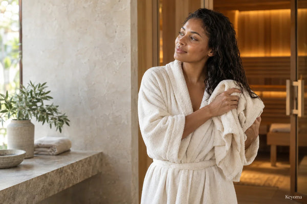 Post-sauna cooling scene, natural textured hair, clear headline space, and the required Keyoma watermark.