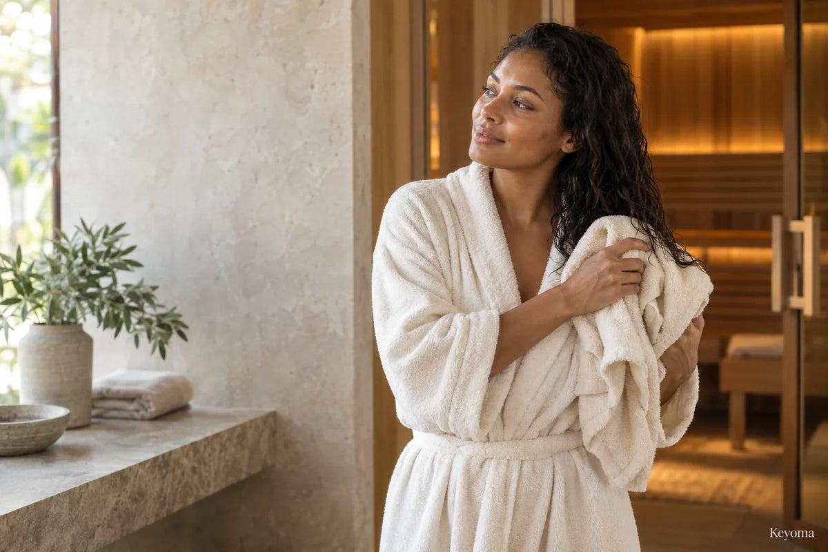 Post-sauna cooling scene, natural textured hair, clear headline space, and the required Keyoma watermark.