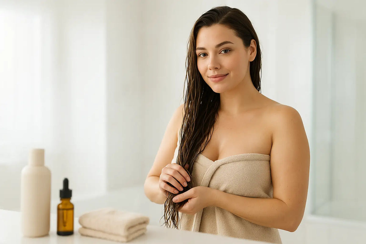 After showering, a woman applies Keyoma hair oil to damp ends on a bathroom counter for conditioning.