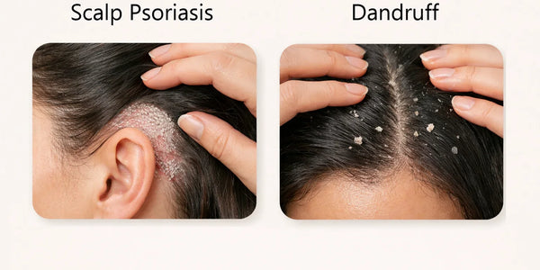 Keyoma comparison graphic contrasts scalp psoriasis plaques and dandruff flakes on neutral background.