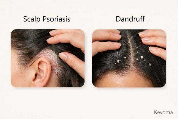Keyoma comparison graphic contrasts scalp psoriasis plaques and dandruff flakes on neutral background.