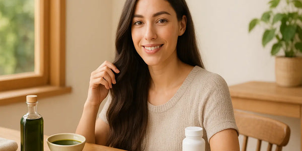 A woman with long dark hair sits at a wooden table preparing a Keyoma pumpkin seed oil routine, with a green bottle of oil, a small bowl of oil, pumpkin seeds, softgel capsules, a wooden comb, and fresh greens by a sunny window.