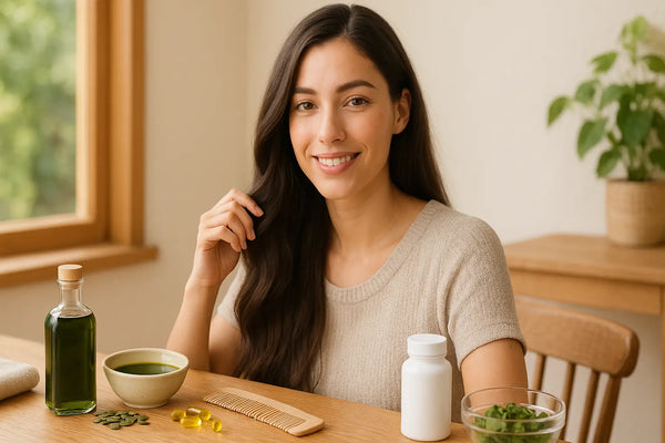 A woman with long dark hair sits at a wooden table preparing a Keyoma pumpkin seed oil routine, with a green bottle of oil, a small bowl of oil, pumpkin seeds, softgel capsules, a wooden comb, and fresh greens by a sunny window.