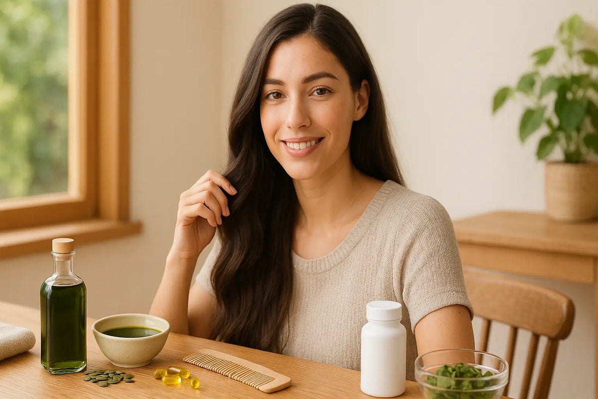A woman with long dark hair sits at a wooden table preparing a Keyoma pumpkin seed oil routine, with a green bottle of oil, a small bowl of oil, pumpkin seeds, softgel capsules, a wooden comb, and fresh greens by a sunny window.