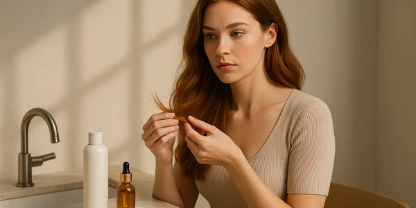 A woman with long red hair examines her split ends at a bathroom counter beside a shampoo bottle, a dropper of hair oil, and a wooden comb, reflecting Keyoma guidance for treating dry ends.