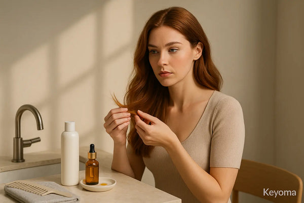 A woman with long red hair examines her split ends at a bathroom counter beside a shampoo bottle, a dropper of hair oil, and a wooden comb, reflecting Keyoma guidance for treating dry ends.