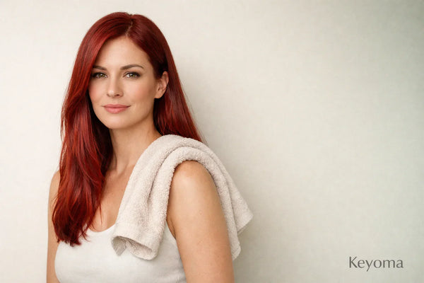 Red haired woman with towel dried strands illustrates post wash routine context aligned with Keyoma hair care guidance.