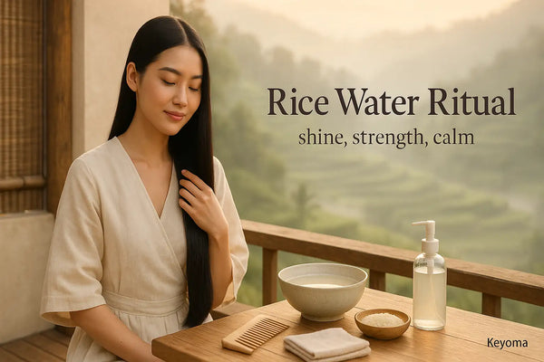 A woman calmly performs a rice water hair ritual on a terrace with a bowl, comb, and pump bottle, illustrating shine, strength, and calm in a Keyoma guide.