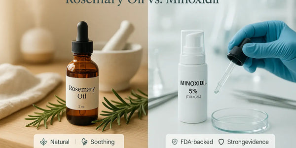 A Keyoma infographic comparing rosemary oil and minoxidil, highlighting rosemary oil as a natural soothing option and minoxidil as an FDA-backed treatment with strong evidence.