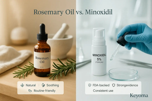 A Keyoma infographic comparing rosemary oil and minoxidil, highlighting rosemary oil as a natural soothing option and minoxidil as an FDA-backed treatment with strong evidence.