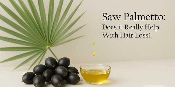 A pile of black saw palmetto berries sits beside a small glass bowl of oil and a palm frond with the headline asking if it helps hair loss, in a Keyoma educational graphic.