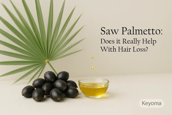 A pile of black saw palmetto berries sits beside a small glass bowl of oil and a palm frond with the headline asking if it helps hair loss, in a Keyoma educational graphic.