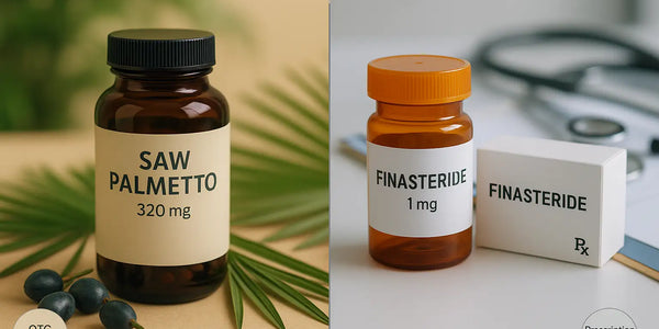 A Keyoma side-by-side product image shows an OTC herbal saw palmetto 320 mg bottle with berries and a palm leaf next to a prescription finasteride 1 mg bottle with clinical tools, illustrating natural versus Rx approaches to hair-loss care.
