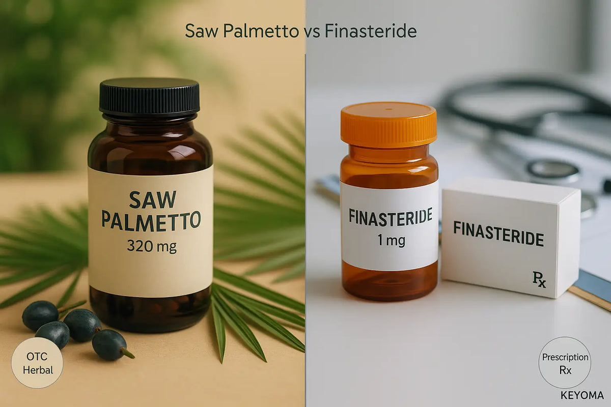 A Keyoma side-by-side product image shows an OTC herbal saw palmetto 320 mg bottle with berries and a palm leaf next to a prescription finasteride 1 mg bottle with clinical tools, illustrating natural versus Rx approaches to hair-loss care.