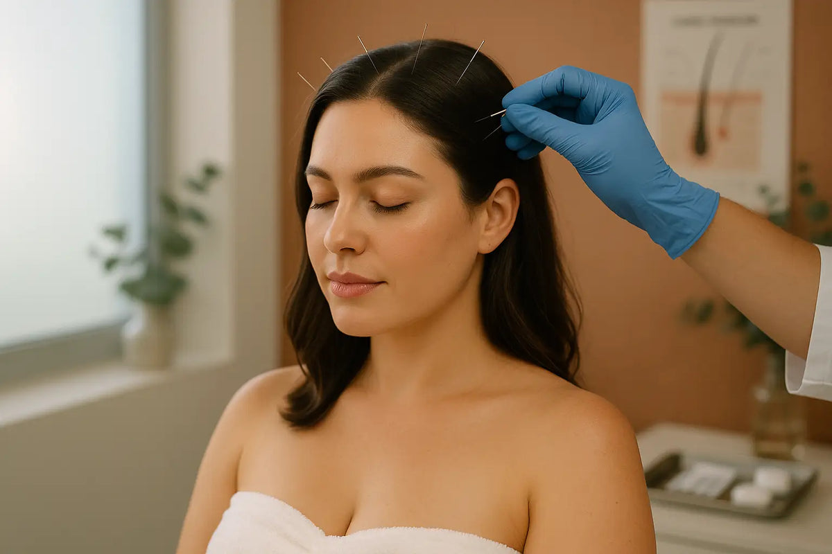 Keyoma photo of woman receiving scalp acupuncture from a licensed practitioner, highlighting hair loss treatment benefits.