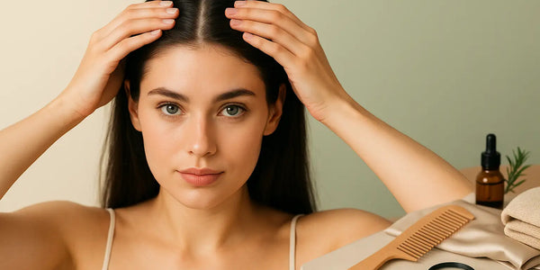 Woman parts hair to inspect scalp while Keyoma tools sit nearby, emphasizing self-check scalp health.