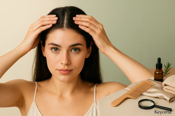 Woman parts hair to inspect scalp while Keyoma tools sit nearby, emphasizing self-check scalp health.