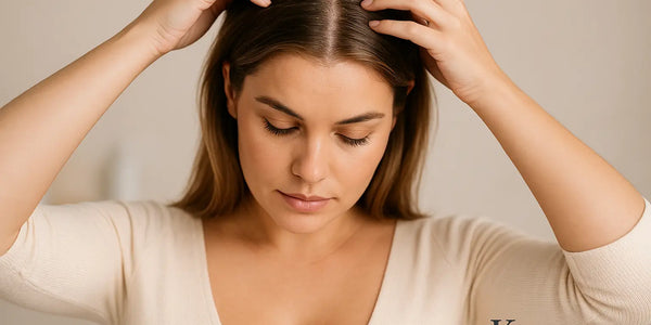 Woman examines her scalp for flakes and oil buildup; Keyoma highlights dandruff signs and irritation.