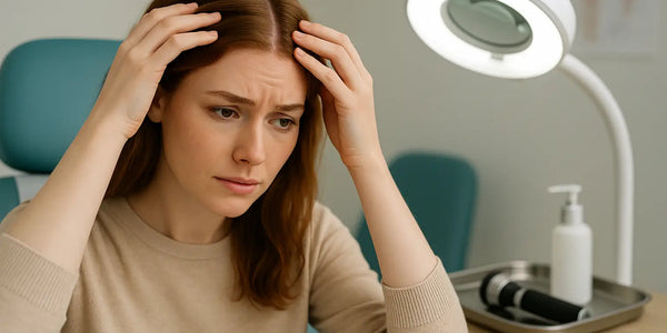 In a clinic setting, a woman parts her hair with both hands under a bright exam lamp as tools sit on a tray, illustrating a typical scalp evaluation explained by Keyoma.