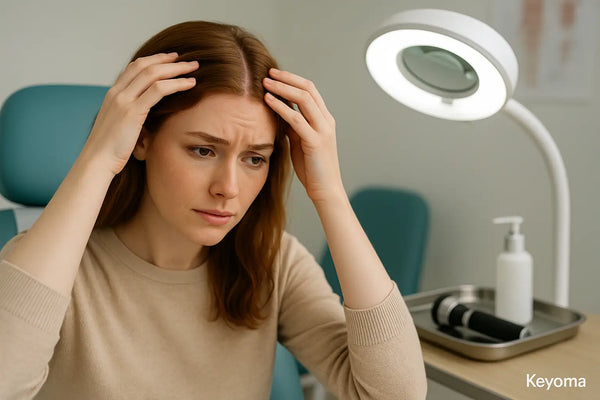 In a clinic setting, a woman parts her hair with both hands under a bright exam lamp as tools sit on a tray, illustrating a typical scalp evaluation explained by Keyoma.