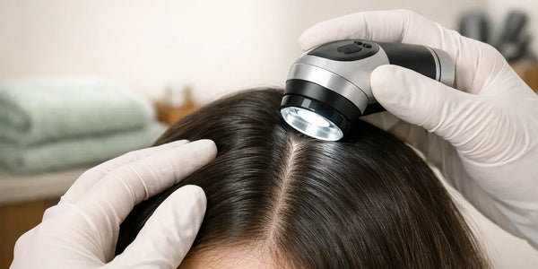Gloved hands examine scalp with dermatoscope, showing close hair parting during a professional Keyoma scalp check.