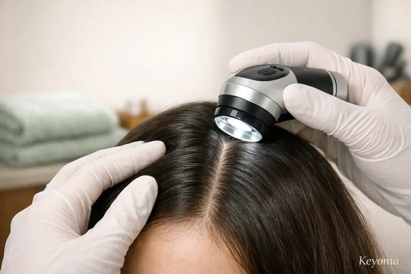 Gloved hands examine scalp with dermatoscope, showing close hair parting during a professional Keyoma scalp check.