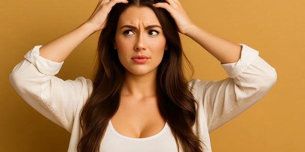 Concerned woman scratches scalp against ochre background as Keyoma addresses itchy scalp relief and irritation.