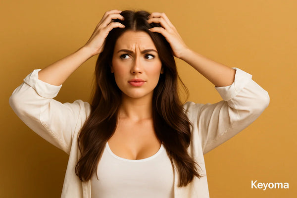Concerned woman scratches scalp against ochre background as Keyoma addresses itchy scalp relief and irritation.