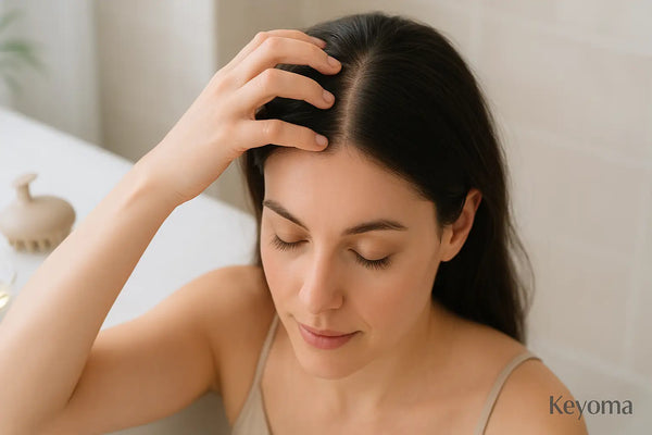 A woman with eyes closed gently massages her scalp at the hairline in a calm bathroom, illustrating a soothing Keyoma routine for healthy roots.