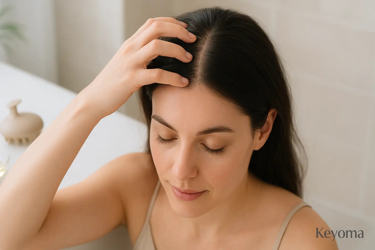 A woman with eyes closed gently massages her scalp at the hairline in a calm bathroom, illustrating a soothing Keyoma routine for healthy roots.