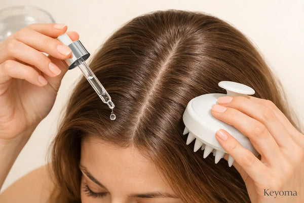 Close-up of scalp part as Keyoma serum drops apply with silicone scalp massager for buildup.