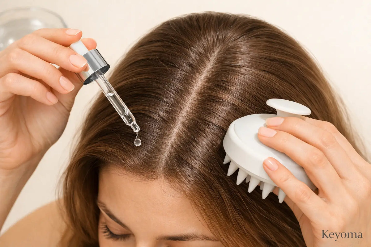 Close-up of scalp part as Keyoma serum drops apply with silicone scalp massager for buildup.