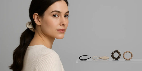 Woman with low ponytail scrunchie faces camera beside assorted hair ties; Keyoma showcases gentle, snag-free accessories.