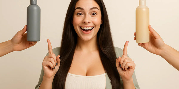 Smiling woman points between two shampoo bottles as Keyoma highlights choosing gentler sulfate-free formulas.