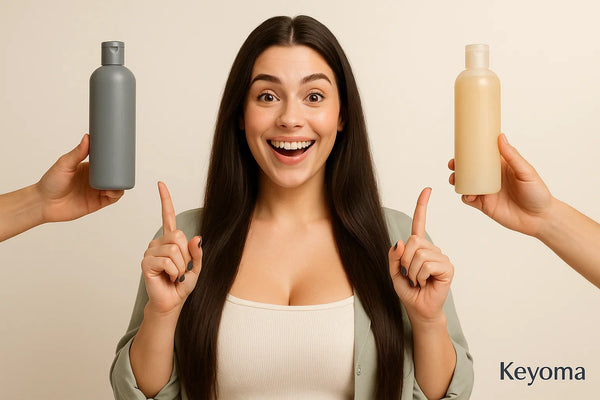 Smiling woman points between two shampoo bottles as Keyoma highlights choosing gentler sulfate-free formulas.