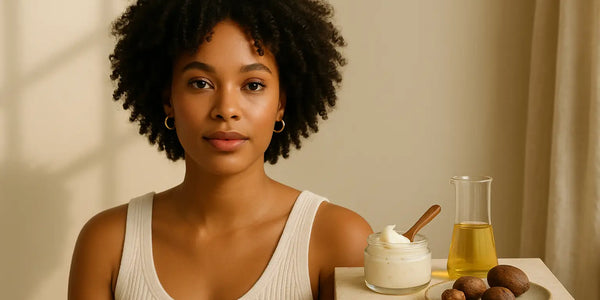 Curly-haired woman sits beside shea butter jar, oil beaker, and nuts; Keyoma showcases moisturizing nourishment.