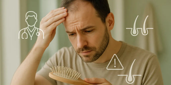 A man inspects hair on his brush while looking concerned; this Keyoma visual highlights the need to consult a specialist when noticing visible hair thinning or loss.