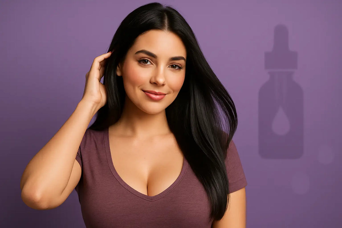 Smiling woman with sleek black hair against purple backdrop with dropper icon, representing Keyoma oil results.