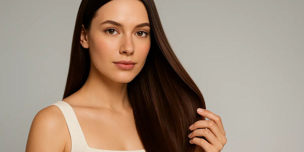 Studio portrait shows woman with glossy straight hair; Keyoma highlights sleek finish, smooth texture, anti-frizz.