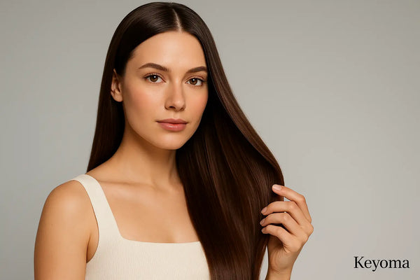Studio portrait shows woman with glossy straight hair; Keyoma highlights sleek finish, smooth texture, anti-frizz.