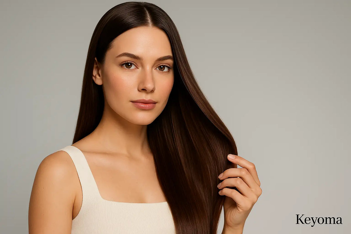 Studio portrait shows woman with glossy straight hair; Keyoma highlights sleek finish, smooth texture, anti-frizz.