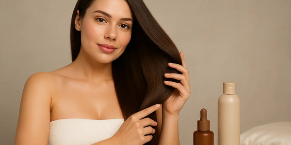 Smiling woman in towel showcases sleek, straight hair beside Keyoma bottles, highlighting smoothing care, shine, hydration.