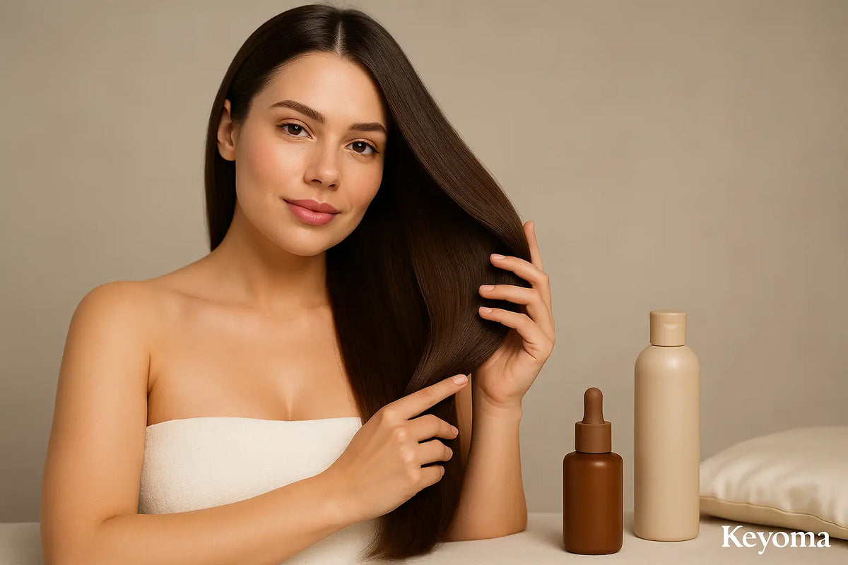 Smiling woman in towel showcases sleek, straight hair beside Keyoma bottles, highlighting smoothing care, shine, hydration.