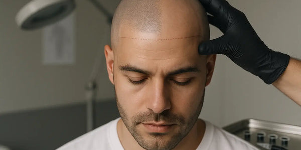 Close-up of man during Keyoma SMP session showing hairline planning and realistic stubble dots in clinic.