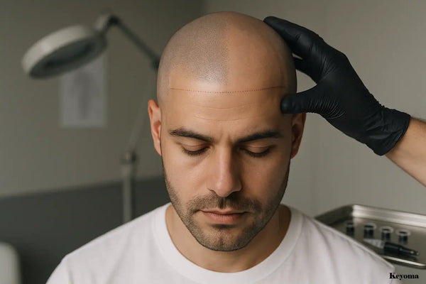 Close-up of man during Keyoma SMP session showing hairline planning and realistic stubble dots in clinic.