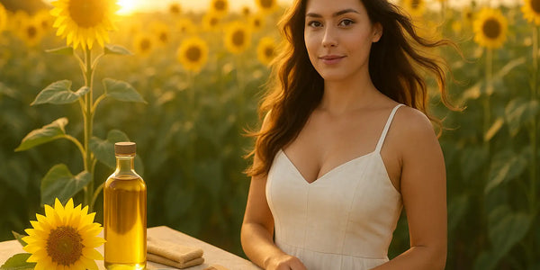 A woman with long wavy hair stands in a glowing sunflower field at sunset beside a bottle of sunflower oil, seeds, a towel, and a wooden comb, illustrating Keyoma’s natural hair-care vibe.
