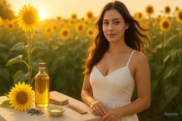 A woman with long wavy hair stands in a glowing sunflower field at sunset beside a bottle of sunflower oil, seeds, a towel, and a wooden comb, illustrating Keyoma’s natural hair-care vibe.