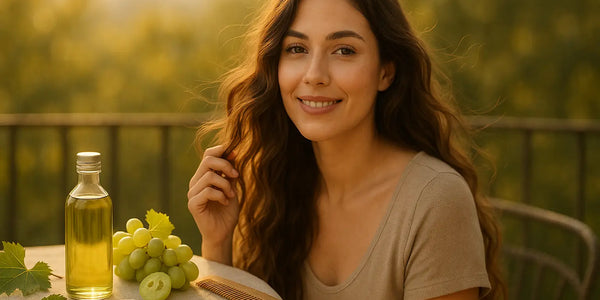 A smiling woman with wavy hair sits at a sunlit table with a bottle of grapeseed oil, green grapes, seeds, and a wooden comb, illustrating Keyoma’s gentle, natural approach to hair care.